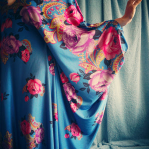 Floral Border pinks and blues Flower Garden Kaftan Gown