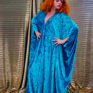 Turquoise Blue Embossed textured V-neck Kaftan Gown