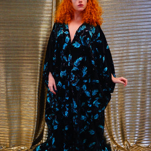 Floral blue sequin and black Velvet Kaftan Gown