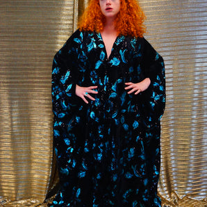 Floral blue sequin and black Velvet Kaftan Gown