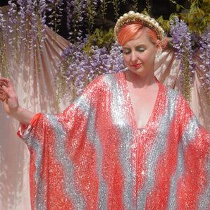 Coral and silver Patterned sequin mesh Kaftan