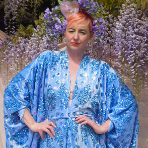Velvet Blue and Pink patterned sequin Kaftan - Ruched centre batwing style