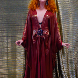 Deep plunge wet look liquid red gold kaftan Gown