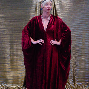 Claret Red Crinkle Velvet Kaftan Gown