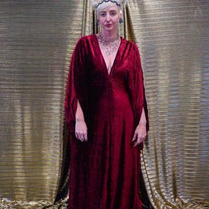 Claret Red Crinkle Velvet Kaftan Gown