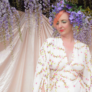 Floral Vines and Blossom Lightweight Kaftan in cream and pink and green