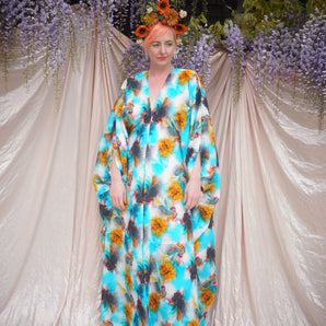 Abstract Patterned abstract kaftan in faux silk neon Aqua