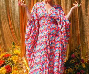 Slinky Floral Fiesta V Neck Kaftan Gown, Freesize