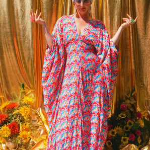 Slinky Floral Fiesta V Neck Kaftan Gown, Freesize