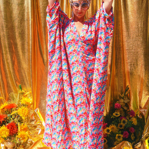 Slinky Floral Fiesta V Neck Kaftan Gown, Freesize