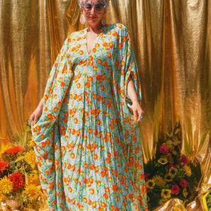 Citrus Groove Print V Neck Kaftan Gown, Freesize