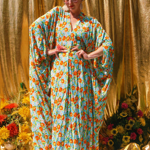 Citrus Groove Print V Neck Kaftan Gown, Freesize