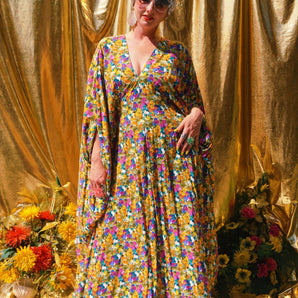 Pansy Meadow Print V Neck Kaftan Gown, Freesize