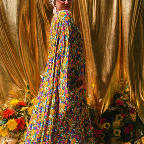 Pansy Meadow Print V Neck Kaftan Gown, Freesize
