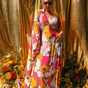Slinky Chain Reaction Print V Neck Kaftan Gown, Freesize