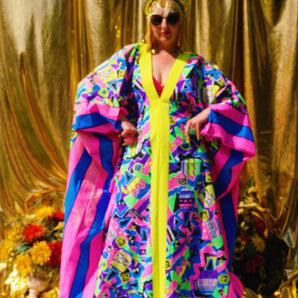 Electric Odyssey Print V Neck Kaftan Gown, Freesize