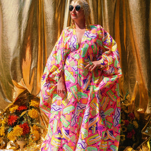 Sombrero Sunrise Print V Neck Kaftan Gown, Freesize