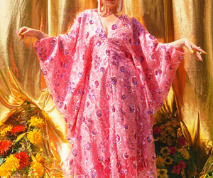 Desert Rose Lace Sequin V Neck Kaftan Gown, Freesize