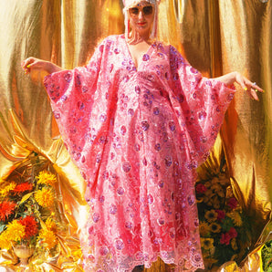 Desert Rose Lace Sequin V Neck Kaftan Gown, Freesize