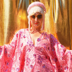 Desert Rose Lace Sequin V Neck Kaftan Gown, Freesize