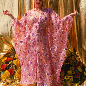 Desert Rose Lace Sequin V Neck Kaftan Gown, Freesize