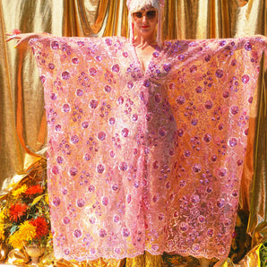 Desert Rose Lace Sequin V Neck Kaftan Gown, Freesize