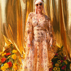 Desert Gold Lace Sequin V Neck Kaftan Gown, Freesize