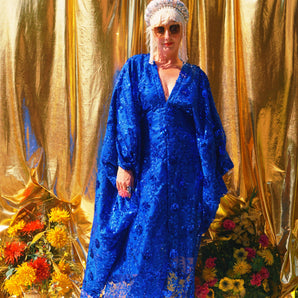 Desert Blue Lace Sequin V-Neck Kaftan Gown