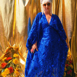 Desert Blue Lace Sequin V-Neck Kaftan Gown