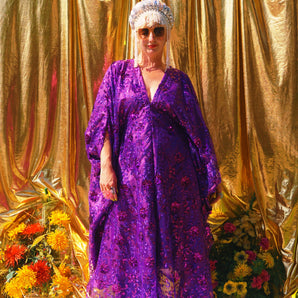 Desert Amethyst Lace Sequin V-Neck Kaftan Gown