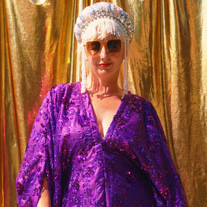 Desert Amethyst Lace Sequin V-Neck Kaftan Gown