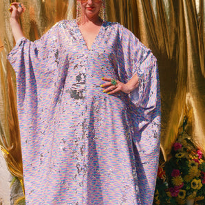 Hazy Daze Pastel Flip Sequin V Neck Kaftan Gown, Freesize