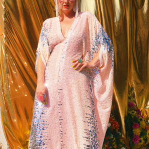 First Frost Pink and Silver Sequin V Neck Kaftan Gown, Freesize