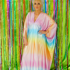 Liquid Holographic Pastel Rainbow Studio 54 Maxi Kaftan Dress