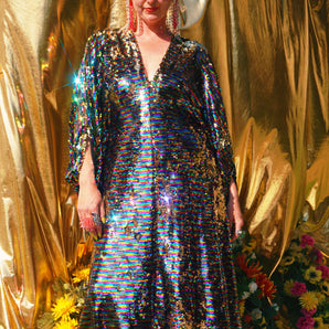 Noir Rainbow/Gold Flip Sequin V Neck Kaftan Gown, Freesize
