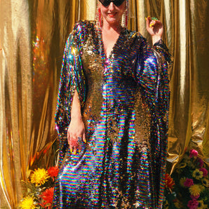 Noir Rainbow/Gold Flip Sequin V Neck Kaftan Gown, Freesize