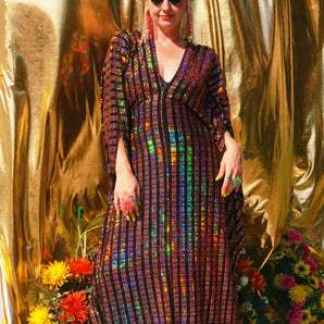 Sunset Strip Holographic Stripe Sequin V-Neck Kaftan Gown