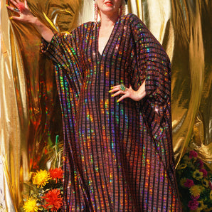 Sunset Strip Holographic Stripe Sequin V-Neck Kaftan Gown