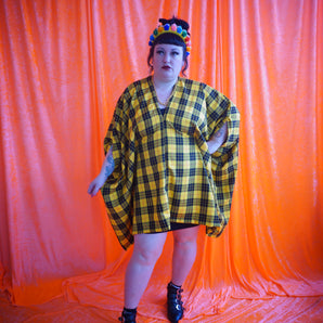 "Cher" Yellow and Black Tartan cotton Mini Kaftan Dress
