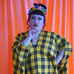 "Cher" Yellow and Black Tartan cotton Mini Kaftan Dress