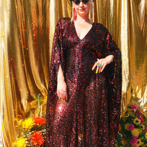 Hot Ember Red Sequin V-Neck Kaftan Gown, Freesize
