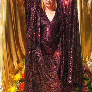 Hot Ember Red Sequin V-Neck Kaftan Gown, Freesize