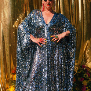 Mirrorball Silver Tulle Sequin V-Neck Kaftan Gown