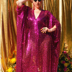 Pink Heatwave Sequin V Neck Kaftan Gown, Freesize