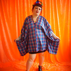 "Nancy" pink and Blue Tartan cotton Mini Kaftan Dress