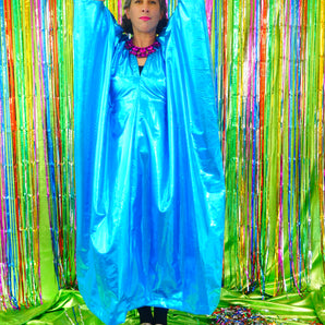 Metallic Foil Flash Gordon Chrome Kaftan - Kingfisher Blue