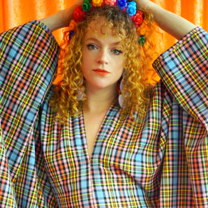 "Gwen" Multi Rainbow Tartan cotton Mini Kaftan Dress