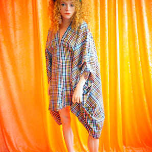 "Gwen" Multi Rainbow Tartan cotton Mini Kaftan Dress