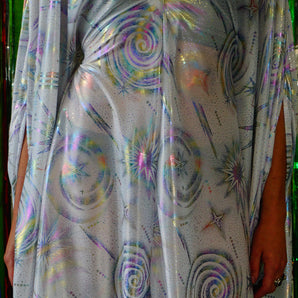 Liquid holographic White and fireworks metallic print Studio 54 Midi Kaftan Dress