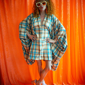 "Corey" Blue, Beige and orange Tartan cotton Mini Kaftan Dress